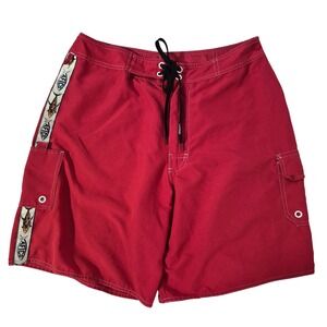 AFTCO Bluewater Board Shorts Mens 32 Red Fishing Cargo Swim Trunks